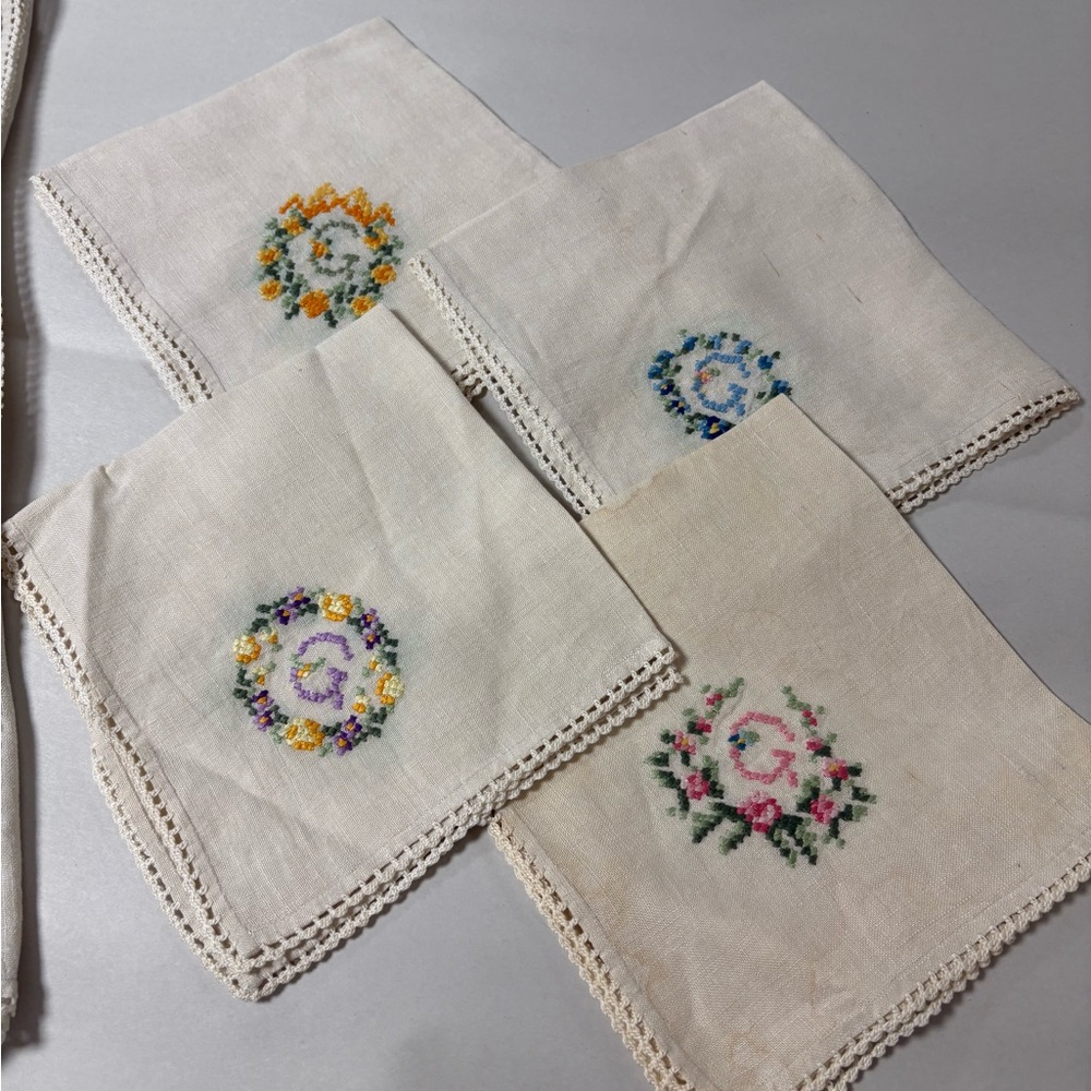 Embroidered  Cross Stitch Floral Linen Tablecloth And 4 Napkins